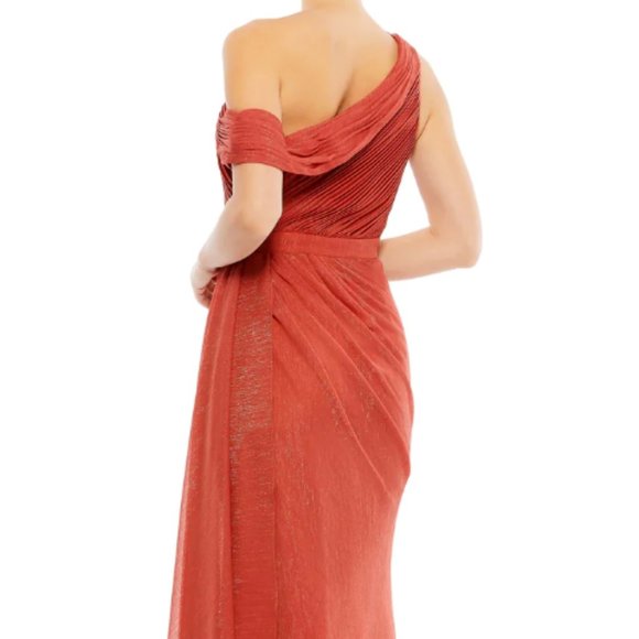 MAC DUGGAL DRAPED ONE SHOULDER CHIFFON CRIMSON RED THIGH SLIT GOWN sz 10 - Picture 4 of 5